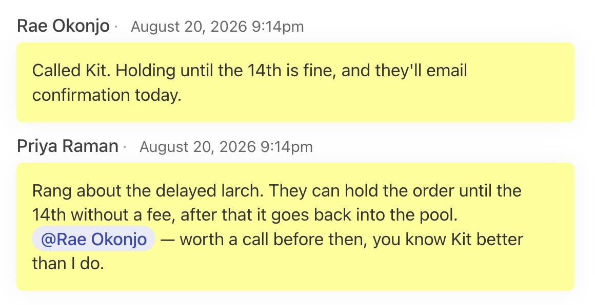 Two notes on a contact. Priya Raman writes about a delayed order and mentions Rae Okonjo by name.