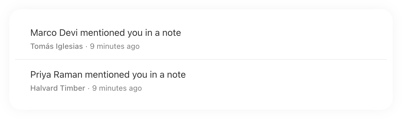 The nudges list: two lines saying that Marco Devi and Priya Raman each mentioned you in a note.